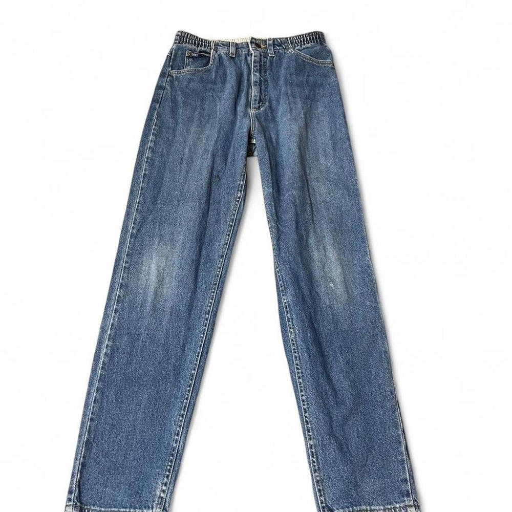 vintage Lee blue denim jeans with a relaxed fit and elastic waist
